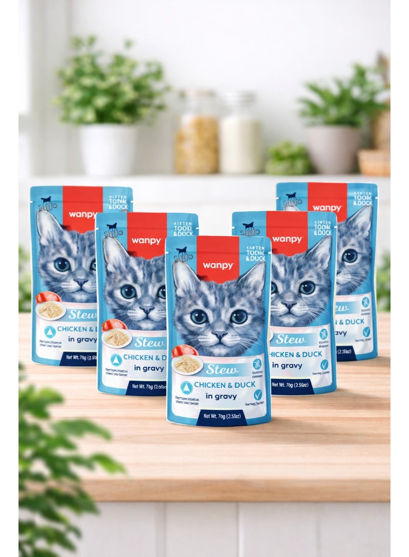 Kitten Food Stew – Chicken & Duck in Gravy – Grain-Free 100% Real Meat Pouch – With Taurine & Vitamins – 70 g (Pack of 5)